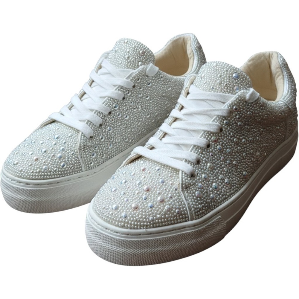 Betsy Johnson Womens Rhinestone Pearl Embellished Platform Sneaker Sidny White